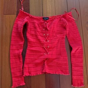 Ambiance Red Off-Shoulder Lace-Up Blouse